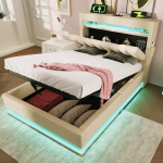 &Uuml;heinimese pehme voodi LED-valgusti, USB ja h&uuml;draulilise hoiukastiga, linane kangas 90x200cm ilma madratsita 1 tk