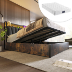 Polsterdatud metallvoodi 160x200 cm LED-valgusti, USB-valgusti, puidust liistudega, hall, madratsiga