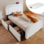 Polsterdatud voodi 90x200 cm LED-valgusti, USB-C, 2 sahtli, reguleeritava peatsi ja puidust liistudega, madratsiga, helevalge