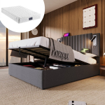 Polsterdatud voodi 140x200 cm, kaheinimesevoodi sahtlitega, USB, LED, k&uuml;&uuml;nedisain, puuvill, hall, madratsiga