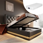 Polsterdatud voodi 90x200 cm &uuml;heinimesevoodi, PU must, LED, USB, h&uuml;drauliline, madratsiga