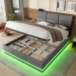 Polsterdatud voodi 180x200 cm, samet, reguleeritav peatsipea, USB/Type-C, LED, h&uuml;drauliline, hall, ilma madratsita