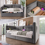 Polsterdatud diivan 90x200 cm, h&uuml;draulilise hoiuruumiga, USB ja Type-C, hall, ilma madratsita