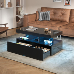 Moodne kohvilaud LED-valgusti ja 2 sahtliga, k&otilde;rgl&auml;ikega diivanilaud elutuppa, kontorisse, 104 x 53 x 46 cm, must