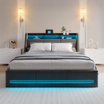 Voodi, 160 x 200 cm, hall, linane kangas, RGB LED-valgustusega, gaasit&otilde;stukiga, peatsi hoiuruumiga, USB ja C-t&uuml;&uuml;pi pesadega, EL pistikupesadega
