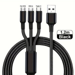 3-in-1 Kiirlaadija USB Kaabel, Nailonist Punutud, Juoda