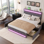 Polsterdatud voodi 160x200 LED- ja USB-pesadega, kaheinimesevoodi 4 sahtliga, panipaigaga voodi, hall, linane, ilma madratsita