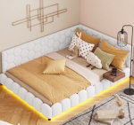 Polsterdatud diivanvoodi 140x200 cm LED ja USB-ga, liistp&otilde;hjaga, Teddy kangas, MDF, valge