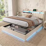 Kaheinimesevoodi panipaigaga 140x190cm, peatsiga LED ja USB-pesa, beež