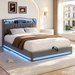 Voodi, 160&times;200cm, LED ja USB/C pesadega, h&uuml;drauliline hoiuruum, hall, samet.