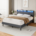Voodi, 140 x 200 cm, hall, linane, LED-valgustusega, USB-pistikutega, laadimisjaamaga