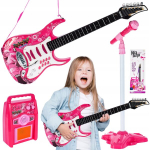 Suur elektrikitarr lastele koos mikrofoni, v&otilde;imendi ja statiiviga, roosa
