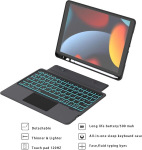 Roofei klaviatuurikohver ipad 10.2 tolli jaoks (9/8/7 p&otilde;lvkond - 2021/2020/2019), i pad air 3 ja ipad pro 10.5 eemaldatav klaviatuur puuteplaadi ja 7 v&auml;rvi valgustuse ning jalaga - saksa qwertz paigutus