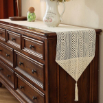 Beež vintage laudlina, lauahari, s&ouml;&ouml;gitoa kapi puuvillane heegeldatud kate, maamaja stiilis laudlina, makramee laudlina, linane lauaplaat Decor (t&uuml;&uuml;p G, 30 x 180 cm, teravad nurgad)