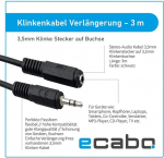 Ecabo 10023 stereo audio pesa pikendus 3.5 mm pistik kuni 3.5 mm pesani - aux kaabel - pikenduskaabel - autoraadiotele, mp3-m&auml;ngijatele, vastuv&otilde;tjatele, arvutitele, s&uuml;learvutitele, 3.00 m, must