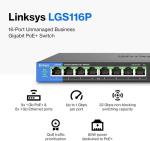 Linksys Lgs116p-eu 16 pordiga haldamata gigabitine v&otilde;rgul&uuml;liti 8 poe+ pordiga etherneti jagaja - kuni 1000 mbps kontori ja kodu ip-valve jaoks - laua peale paigutamiseks