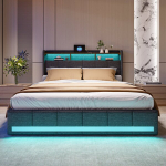 Voodi 140 &times; 190 cm, nelja sahtliga, LED-tulede ja USB-pesadega, hall, linane
