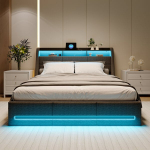 Voodi 160*200CM, pehme voodi LED-lambi ja pistikupesaga, hall