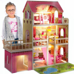 Suur puidust nukkude maja Kinderplay LED Villa XXL garaaži, aia ja 17 m&ouml;&ouml;bliesemega (90 cm)