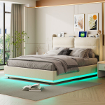 Voodi 140 x 200 cm, LED-valgustusega, USB-pordiga, beež
