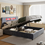 Kaheinimesevoodi 140 x 200 cm, LED-valgustusega, hall, samet