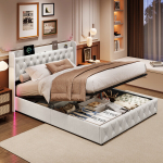 140x200cm &otilde;hur&otilde;huvoodi LED ja USB-ga, h&uuml;drauliline panipaik, beež samet