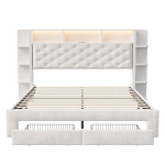 Sametine pehme voodi LED-valgustuse, USB-&uuml;henduste ja sahtlitega, 160&times;200 cm, beež