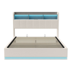 H&uuml;drauliline polsterdatud voodi 140&times;200 cm panipaigaga, LED ja USB, valge