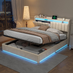 Polsterdatud voodi LED-valgustuse ja USB-C laadimisega, panipaigaga peatsi ja liistudest raamiga, 160x200cm, beež samet (ilma madratsita)