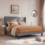 Kaheinimesevoodi 140 x 200 cm, liistudest raamiga, minimalistlik, hall, linane kangas