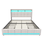 Linane voodi LED-valgustuse, USB ja sahtlitega, polsterdatud voodi peatsiga, beež, 140&times;200 cm