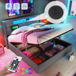 Pehme voodi 160x200 cm LED-valgusti ja USB-C-pordiga, linane kangas, liistudest alusp&otilde;hjaga (ilma madratsita)