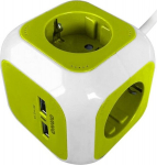 Pikendusjuhe 4 Schuko pesa ja 2 usb laadijaga, 1,4m, roheline