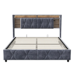 Polsterdatud voodi panipaiga, peatsi riiuli, USB ja LED-valgustusega 140x200 cm, samet, hall