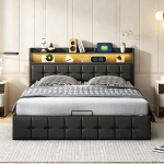 Voodi, 140 x 190 cm, LED-valgustiga, nahk, must.