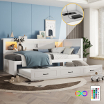 Polsterdatud voodi 90x200 cm, LED, sahtlid, USB, ilma madratsita, valge