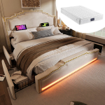 Polsterdatud voodi 140x200 cm, 4 sahtliga, LED, USB-C, h&uuml;draulikaga, madratsiga, samet, beež