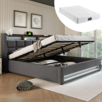 Pehme voodi 140x200 cm USB-LED-valgustusega, metallliistudega, linane kangas, madrats 1 tk