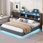 Polsterdatud voodi 160x200 cm USB-pesa ja LED-valgustusega, p&ouml;&ouml;ratav peatsiots, hall kangas