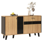 Kummut 140x78,5x41 cm, puit ja must, LED-valgustite, sahtlite ja klaasriiulitega
