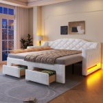 Pehmendatud p&auml;evavoodi, 90x200 cm, 2 sahtli ja LED-ga, valge