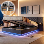 Kaheinimesevoodi-140 x 200 cm, LED-valgusti ja USB/Type-C-pordiga, panipaigaga, hall, linasest kangast.