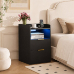 Must &ouml;&ouml;kapp USB ja LED-iga, &ouml;&ouml;kapp kahe sahtliga, kitsas diivanilaud, abilaud magamistuppa