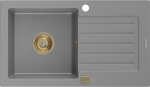 Mexen Pablo graniitk&ouml;&ouml;givalamu 1-kausiline n&otilde;uderestiga 752 x 436 mm, hall, kuldne sifoon - 6510751010-71-G, Mexen Pablo granitinė vienos kameros plautuvė su nutekėjimo vieta 752 x 436 mm, pilka, sifonas auksinis - 6510751010-71-G