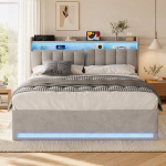 Voodi 140x200 cm &ndash; Polsterdatud peats koos panipaigaga &ndash; LED ja USB &ndash; H&uuml;drauliline panipaik &ndash; Samet &ndash; Hall