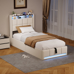 &Uuml;heinimesevoodi, 90 &times; 200 cm, LED-valgustuse ja USB/USB-C, h&uuml;draulilise mehhanismiga panipaik, tekstiilpolsterdus, beež.