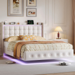 Ujuv kaheinimesevoodi, 160x200 cm, LED-valgustuse ja USB/Type-C-portidega, valge, samet