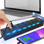 Retoo Usb Hub 3.0 7 pordiga Usb jaotur 5 Gbps andmejaotur eraldi l&uuml;litiga, toiteallika port &uuml;he Led-toitel&uuml;litiga, &uuml;hildub s&uuml;learvuti, arvuti ja muude Usb-seadmetega