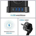Voomy 9-in-1 mitme pistikupesaga usb, pikendusjuhe 4000 w, 2 m pikkune pikenduskaabel, pistikupesa kuubik, mitme pistikupesa l&uuml;liti, pikendusjuhe, jaotuspistikupesa, mitme pistikupesaga usb c, must