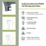 Liikumisanduriga v&auml;lisseinavalgusti Paris, klaas, alumiinium, tumehall, Ip44, maja, laius 17 cm, E27, sensorlatern, nostalgiline v&auml;lilamp